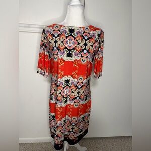 Eliza J Red orange and Black Patterned Midi Dress 12P